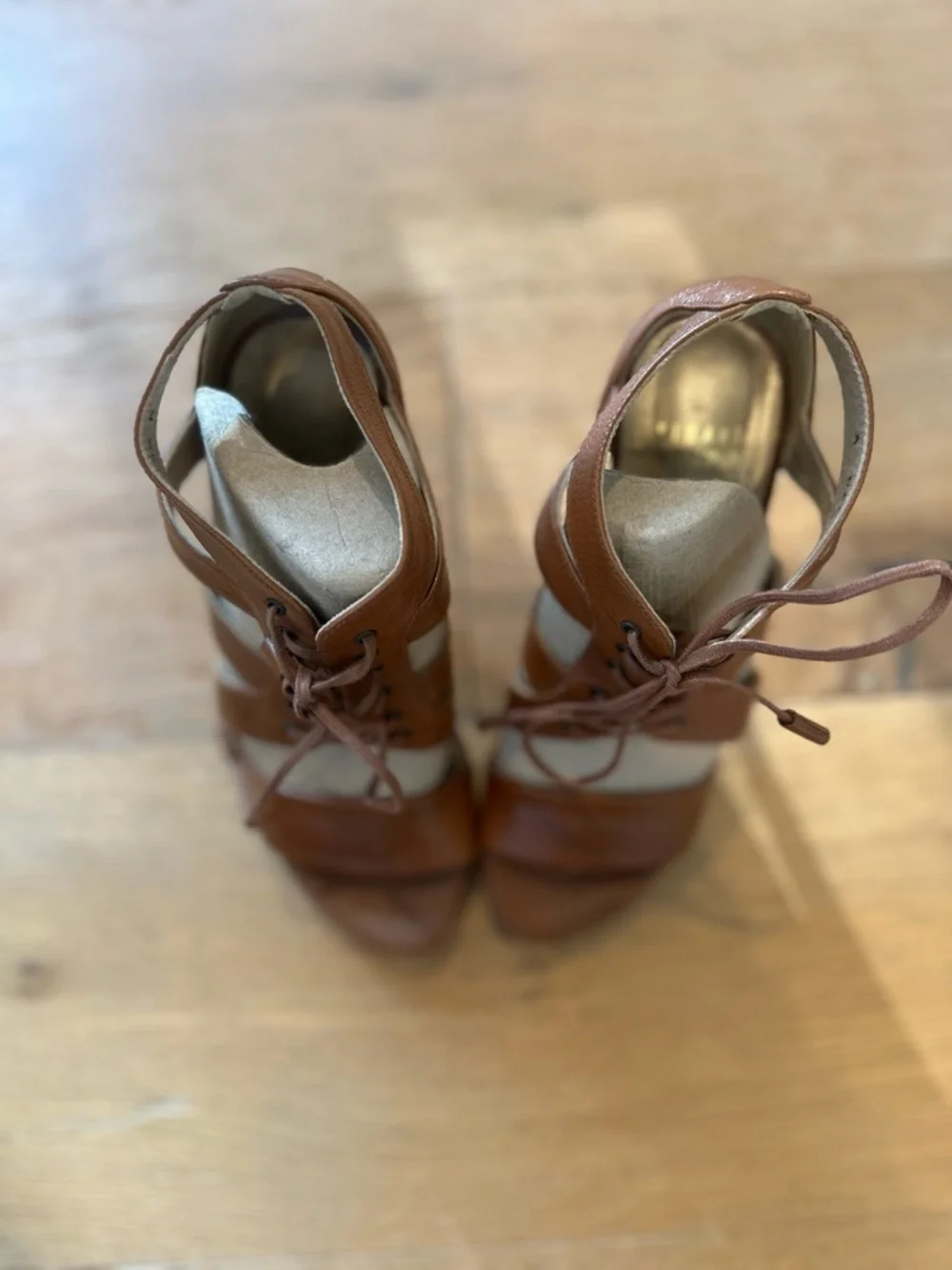 Stuart Weitzman Cognac Leather Lace-Up Platform Stiletto Sandal | Size 5.5